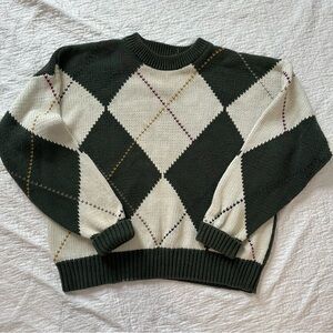 Olive Green Chunky Knit Argyle Sweater Boxy Oversized Academia Gorpcore Preppy